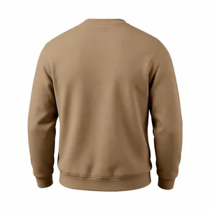 Back view of men's khaki fleece-lined crewneck sweatshirt with ribbed cuffs and hem