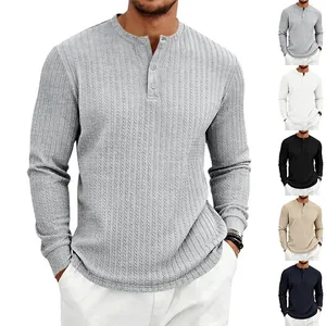 Men's Henley Neck Long Sleeve T-Shirt Casual Vertical Striped Texture Top Knitted Solid Color Button Front Fashion Pullover Tees