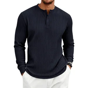 Professional men's navy blue long sleeve Henley shirt with vertical ribbed texture details