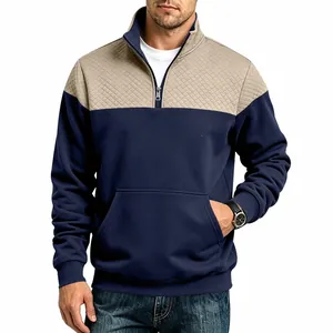 Men's heavy jacquard sweatshirt with color-block design and 1/4 zip stand collar.
