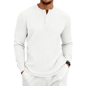 Men's white textured vertical stripe Henley long sleeve casual T-shirt with button neck