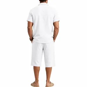 Back view of men's white cotton linen shirt and shorts set with clean tailoring
