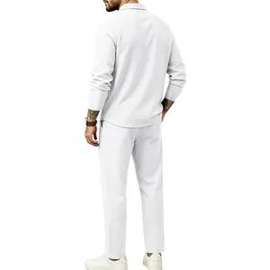 Back view of men's white linen long-sleeve shirt and trousers casual set