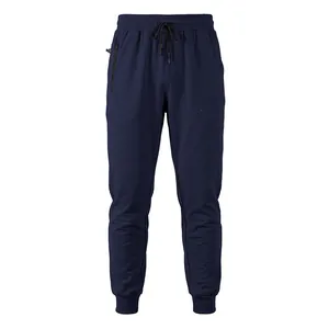 Front view of navy men's joggers with drawstring waist and side zip pocket