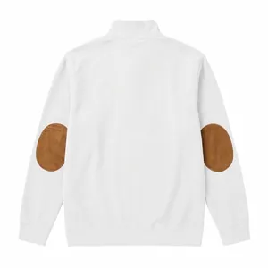 Detailed back view of a white ribbed half-zip sweatshirt with brown elbow patches