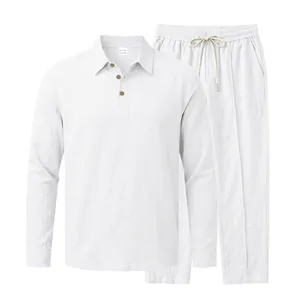 Close-up of white cotton linen men's long-sleeve polo shirt and drawstring pants set