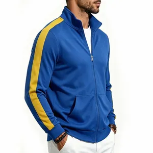 Detail view of men's athletic zip-up jacket in blue featuring yellow side stripes on sleeves
