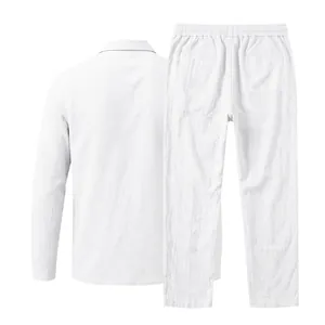Back view of men's white cotton linen long-sleeve shirt and matching trousers set