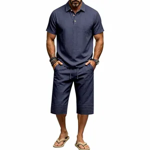 Men's navy blue cotton linen two-piece set featuring polo shirt and drawstring shorts