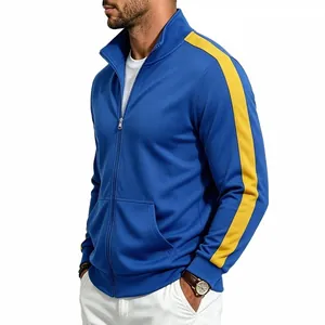 Side view detail of men's blue athletic jacket with yellow stripes and stand collar.
