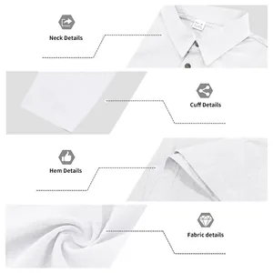 Detailed views of white cotton linen shirt showing neck, cuff, hem, and fabric texture