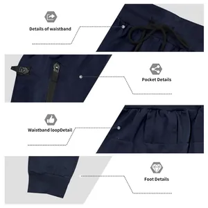 Detail view of navy blue jogger pants featuring drawstring waistband and zipper pockets