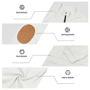 Close-up details of ribbed sweatshirt featuring half-zip collar and elbow patches.