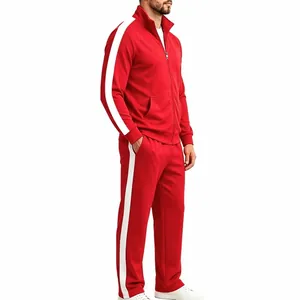 Side view of red men's tracksuit showing white contrast stripes on sleeve and pants