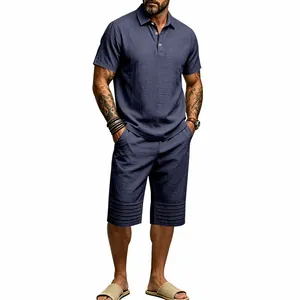 Full body view of men's navy blue cotton linen polo and striped shorts summer set