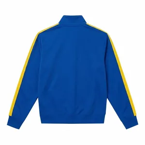 Back view of a blue sports jacket featuring yellow contrast stripes on the sleeves