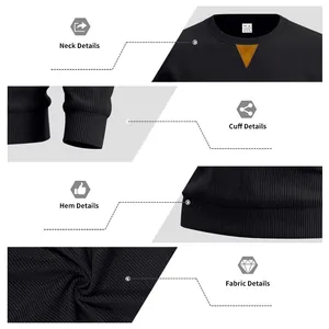 Detailopnames van de hals, geribde manchetten, zoom en stof van een zwart corduroy sweatshirt.