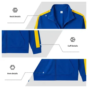 Close-up views of the neck, cuff, and hem details on this blue and yellow sport jacket.