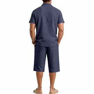 Back view of navy men's cotton linen shirt and shorts set with textured fabric