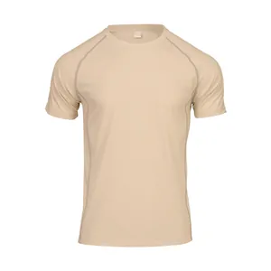 Detailed view of breathable khaki compression t-shirt with durable flatlock stitching