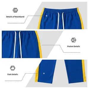 Detailed view of blue sweatpants showing waistband, pocket, and leg opening details.