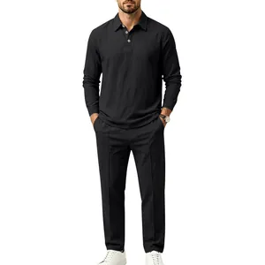 Full view of black men's cotton linen casual set with long sleeves and trousers
