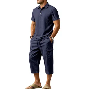 Summer men's navy blue cotton linen polo shirt and cargo 3/4 length shorts two-piece set