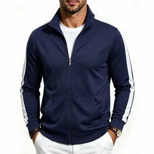 Detail of navy blue men's sports jacket with white sleeve stripes and stand collar