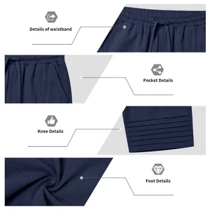 Detail views of men's navy cotton linen cropped pants showing waistband and pocketing
