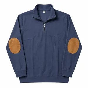 Men's navy blue ribbed half-zip sweatshirt featuring stylish brown elbow patches