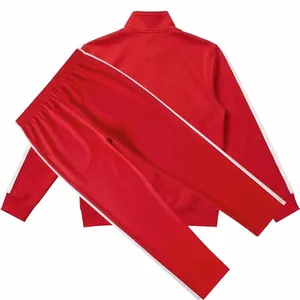 Detailed view of men's red casual sports tracksuit set with white side stripes and zipper