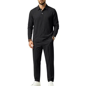 Full body view of men's black cotton linen long sleeve polo shirt and trousers leisure set