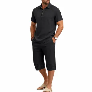 Men's cotton linen two-piece set featuring polo shirt and striped hem pants detail