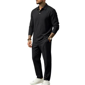 Full view of men's black cotton linen long sleeve polo shirt and straight pants set