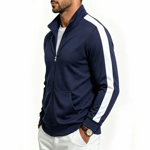 Detail of navy blue men's track jacket with white sleeve stripe and stand collar