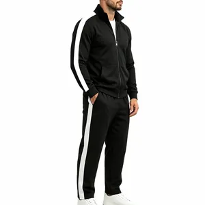 Detailed side view of men's black sports tracksuit with white stripes and zip collar