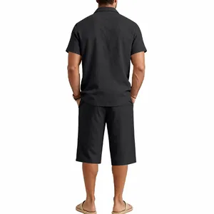 Back view of men's summer black cotton linen short sleeve shirt and shorts set