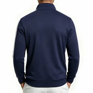 Back view of a navy blue men's sports jacket with white contrast stripes and stand collar
