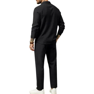 Back view of men's casual cotton linen shirt and straight-leg pants set in black