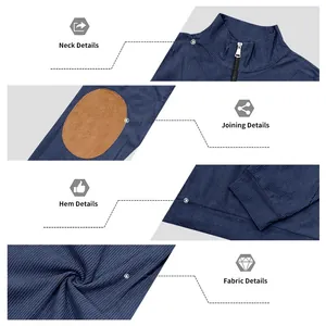 Detailed close-ups of a navy blue ribbed sweatshirt with stand collar and elbow patches.