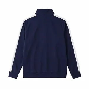 Back view of men's navy blue zip-up track jacket with contrasting white side stripes