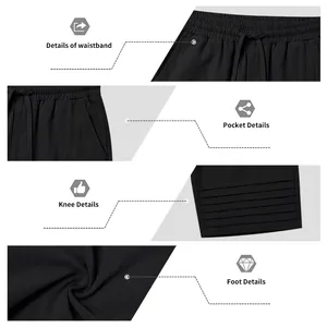 Detailed views of men's black cotton linen pants showing drawstring waist and pleated knees