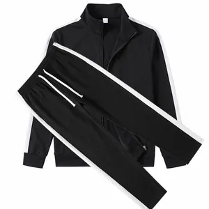 Men's casual two-piece black tracksuit with white side stripes and full-zip jacket
