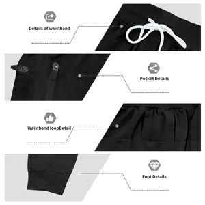 Detailed macro view of black joggers' waistband, zipper pocket, and ribbed cuffs.