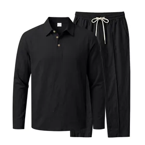 Men's casual black cotton linen two-piece set with long sleeve polo and trousers