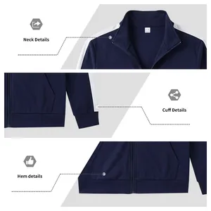 Close-up details of men's navy sports jacket neck, cuffs, and hem construction.
