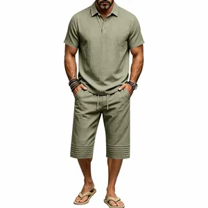 Close-up of men's sage green cotton linen summer set featuring a polo shirt and shorts