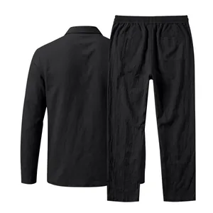 Detailed back view of men's black cotton linen two-piece casual shirt and pants