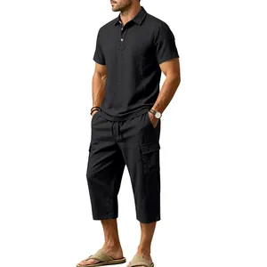 Men's summer black cotton linen two-piece set featuring a polo shirt and cargo cropped pants