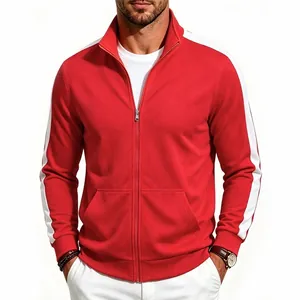 Detail of a red men's tracksuit jacket featuring white side stripes and full-zip stand collar